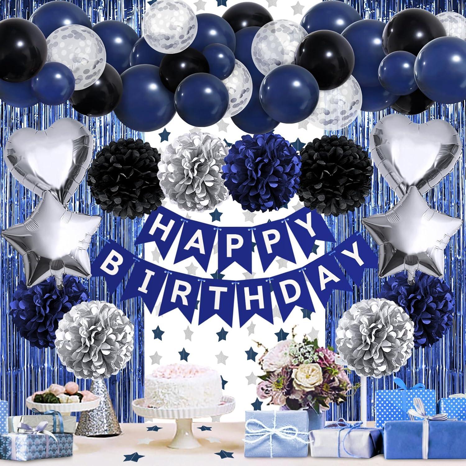 Marineblau Schwarz Happy Birthday Deko Set mit Fransen & Ballons