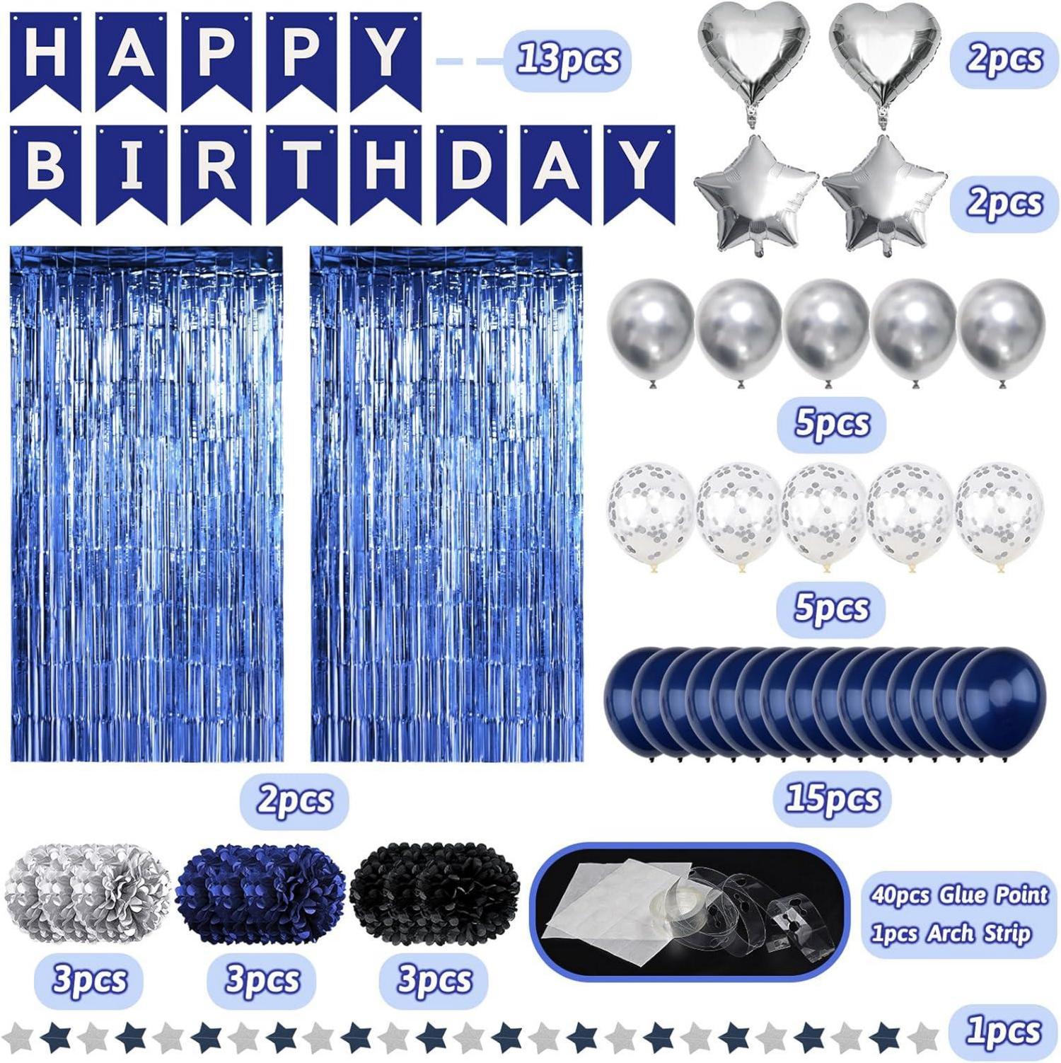 Marineblau Schwarz Happy Birthday Deko Set mit Fransen & Ballons