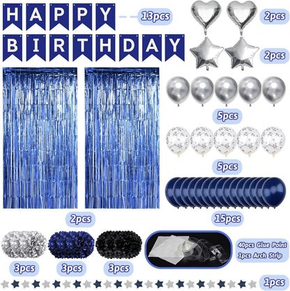 Marineblau Schwarz Happy Birthday Deko Set mit Fransen & Ballons