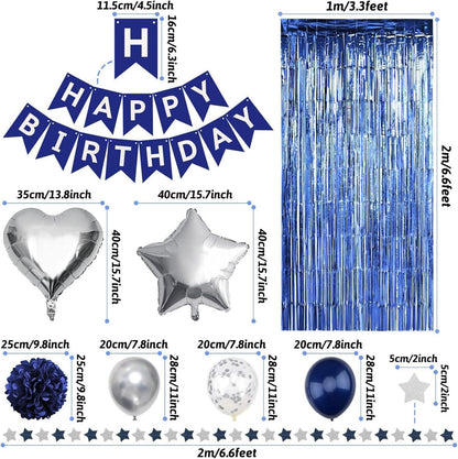 ZERODECO Happy Birthday Deko Set Marineblau Schwarz Ballons Girlande Pompons
