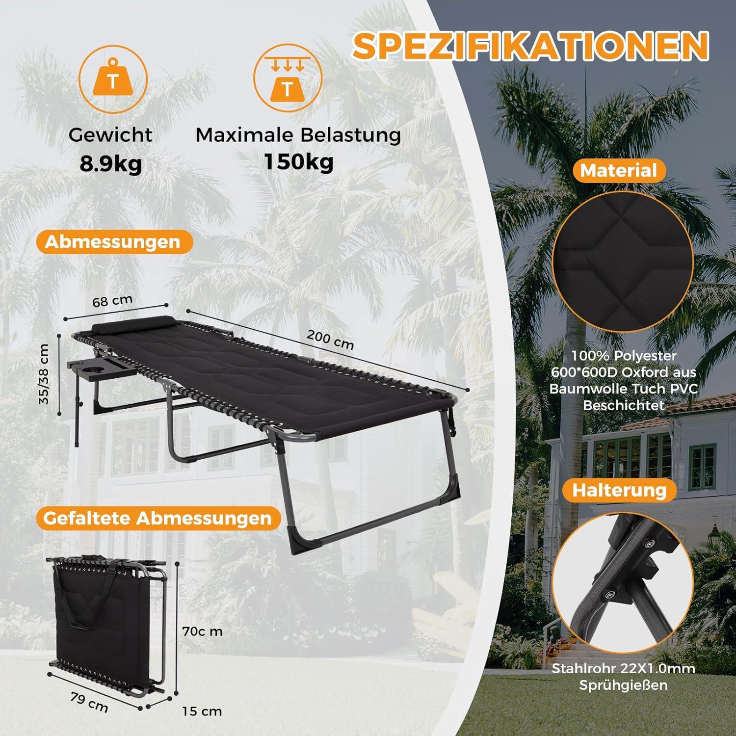 KingCamp Übergroße Sonnenliege Schwarz 5-Fach Verstellbar