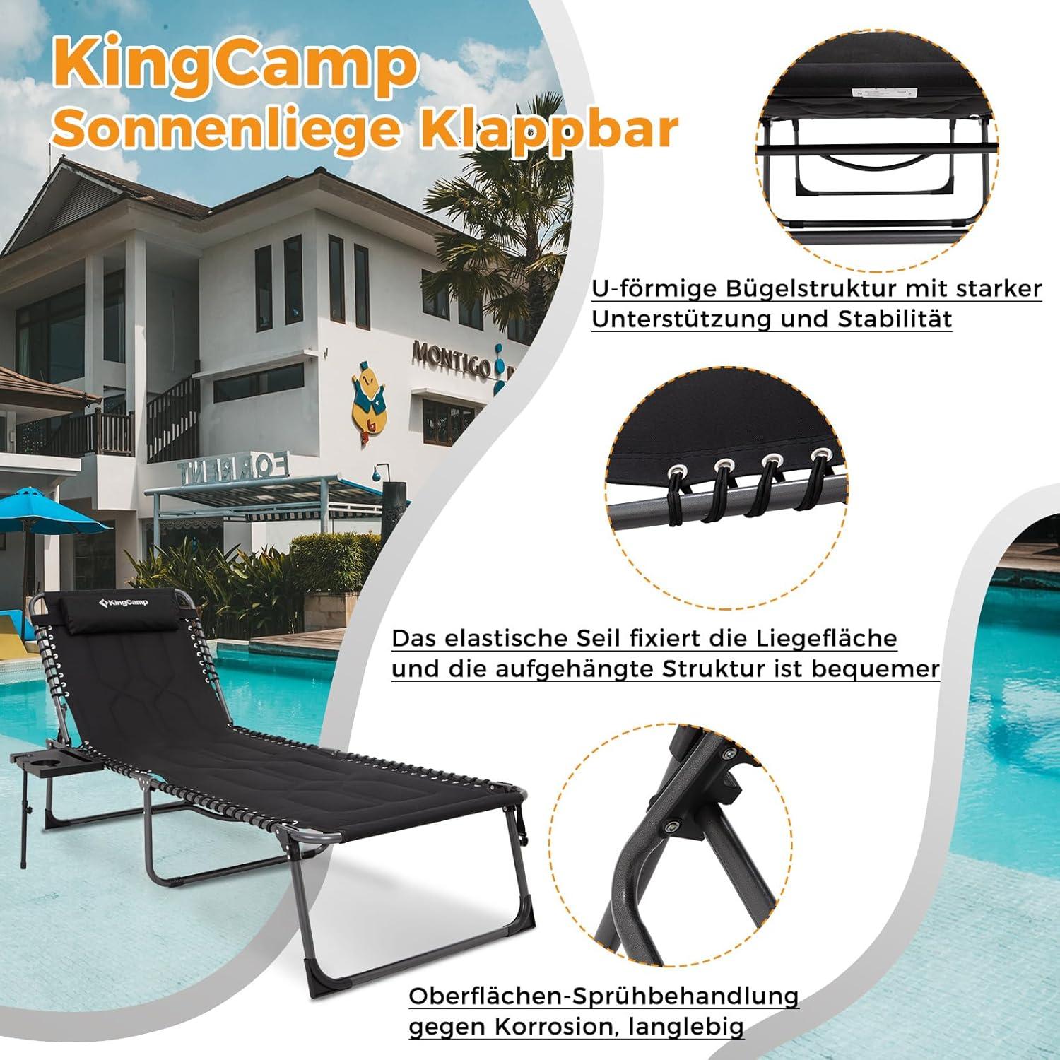 KingCamp Sonnenliege Klappbar mit Seitentisch Schwarz 5-Fach Verstellbar