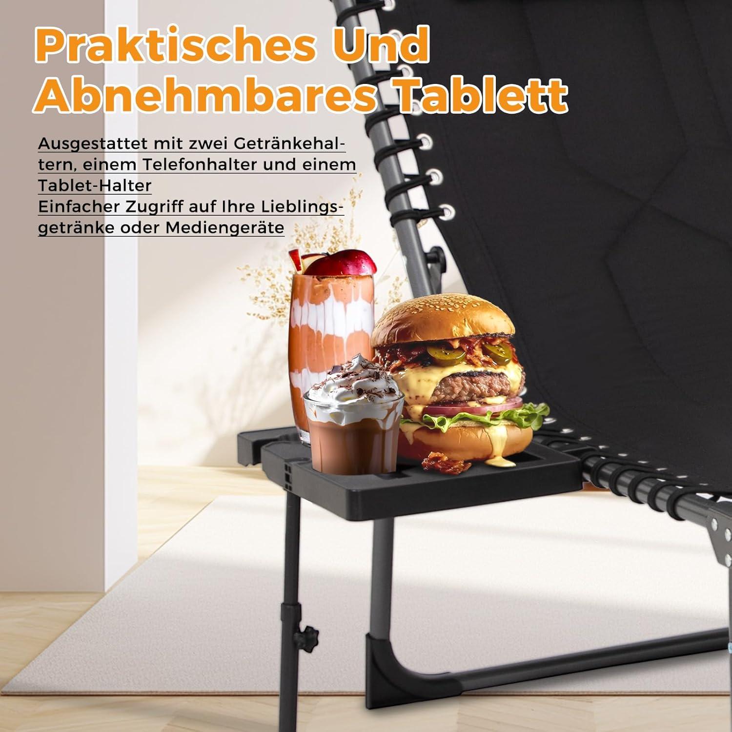 KingCamp Übergroße Sonnenliege Klappbar Seitentisch 5-Fach Verstellbar Schwarz