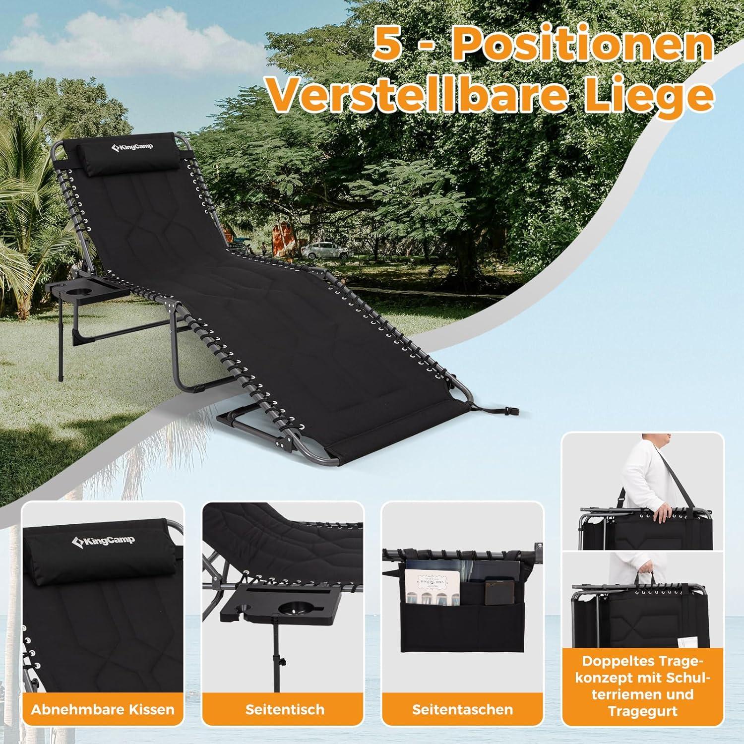 Übergroße Sonnenliege 5-Fach Verstellbar Gartenliege mit Seitentisch