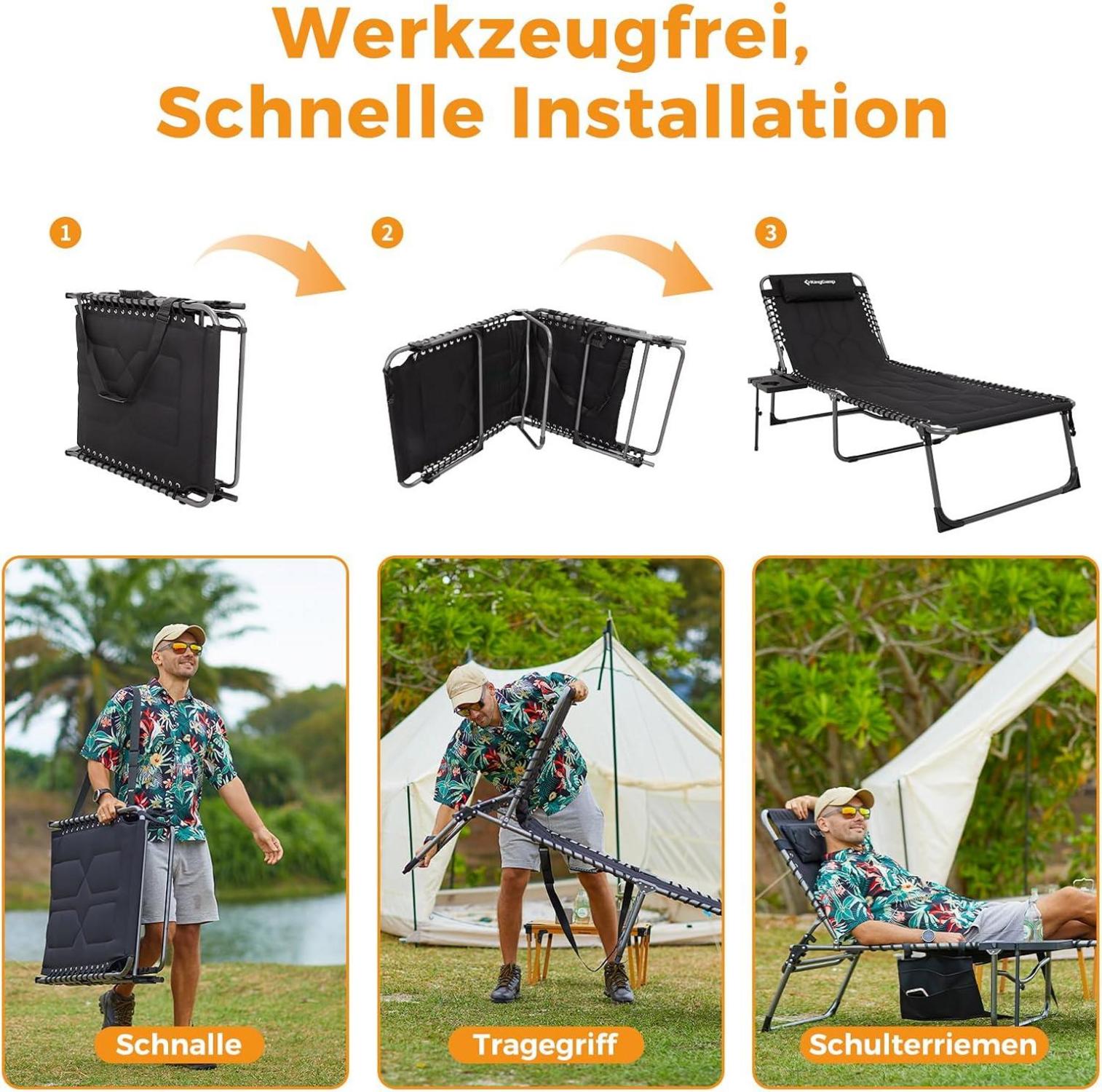 KingCamp Übergroße Sonnenliege Klappbar Seitentisch 5-Fach Verstellbar Schwarz