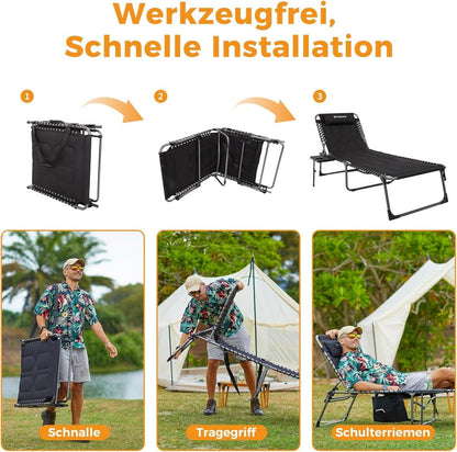 KingCamp Übergroße Sonnenliege Klappbar Seitentisch 5-Fach Verstellbar Schwarz