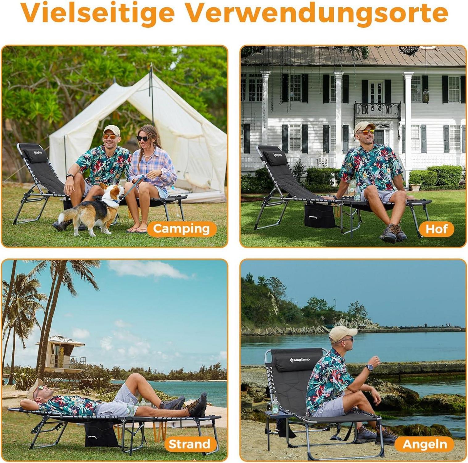 KingCamp Sonnenliege Klappbar mit Seitentisch Schwarz 5-Fach Verstellbar