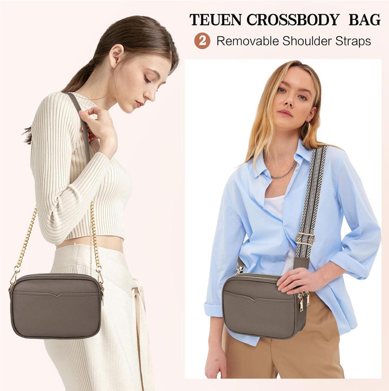 TEUEN Damen Crossbody Bag PU Leder Schultertasche mit 2 Schulterriemen Grau