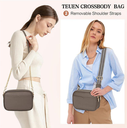 TEUEN Damen Crossbody Bag PU Leder Schultertasche mit 2 Schulterriemen Grau