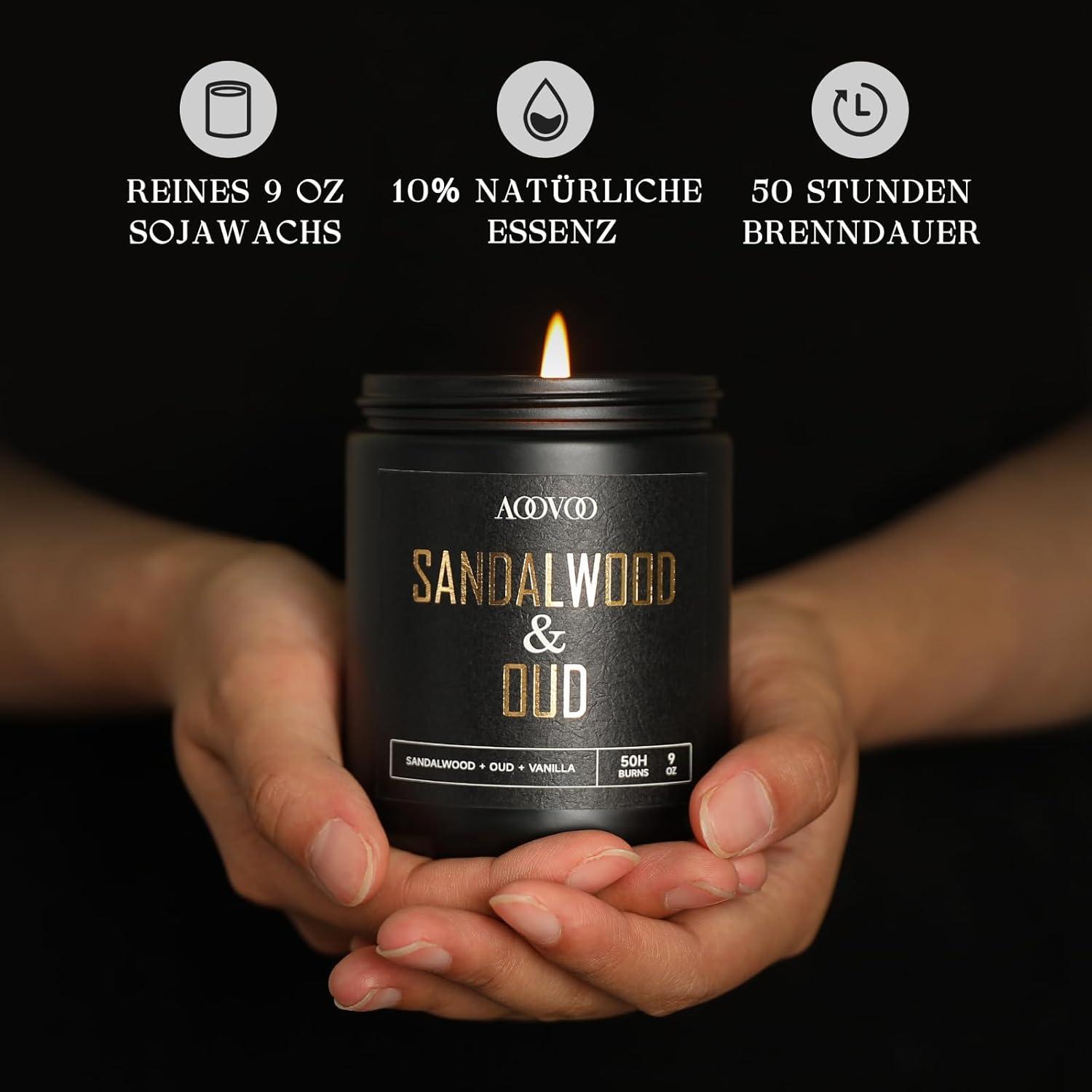 AOOVOO Sandelholz Oud Duftkerze im Glas 255g - Maskuliner