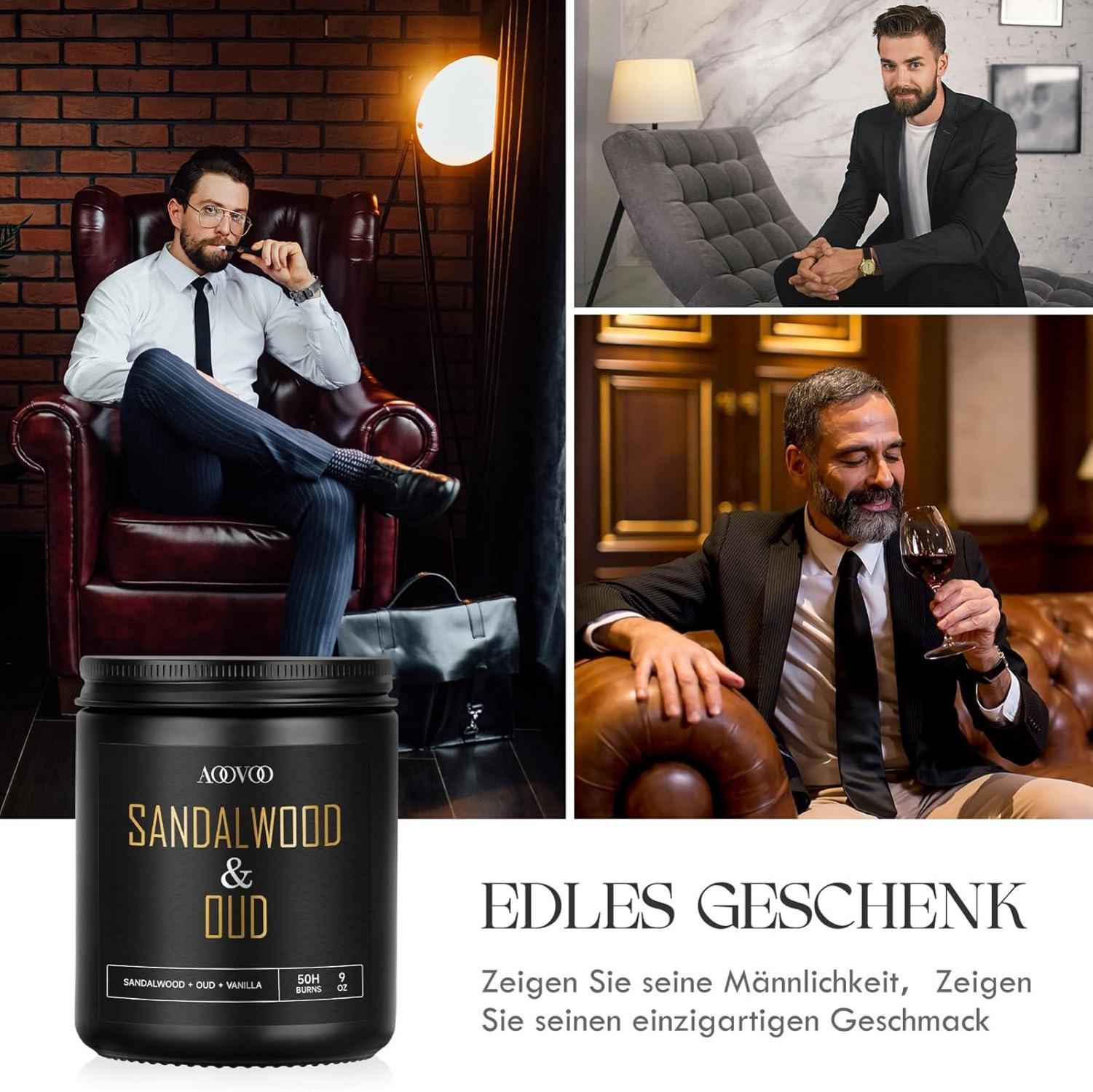 Duftkerze Sandelholz Oud Sojawachs 255g Geschenk Männer 50h