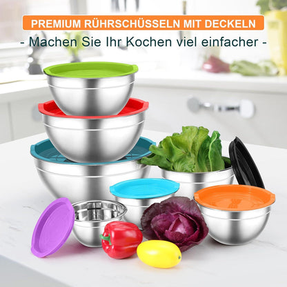 7er Set Edelstahl Rührschüssel mit luftdichtem Deckel - Stapelbar