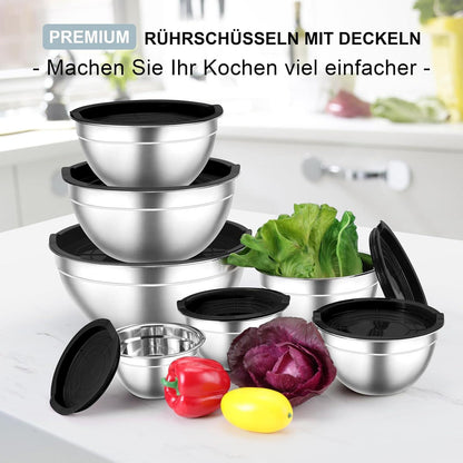 Rührschüssel Set Edelstahl Salatschüssel 7er Luftdichter Deckel Schwarz 7er