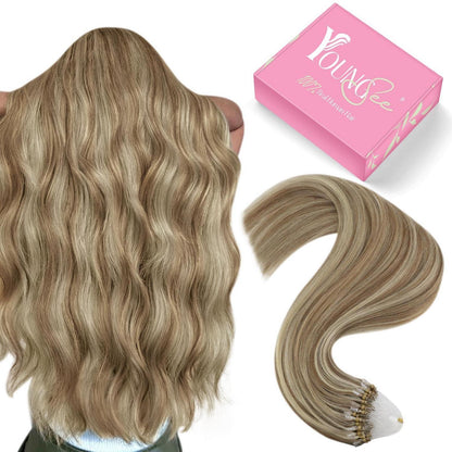 Echthaar Micro Ring Extensions Hellbraun mit Highlights