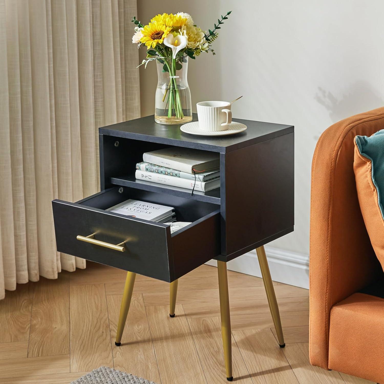 Mid-Century Moderner Nachttisch Schwarz 2 Etagen Stauraum
