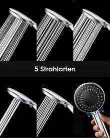 Duschkopf mit 5 Strahlarten und 200% Wasserdruck-Erhöhung