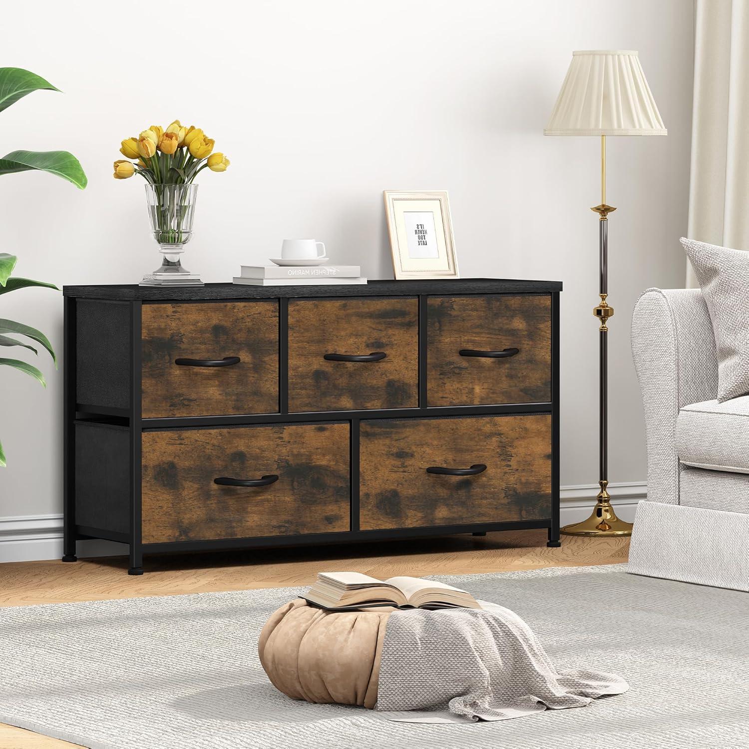 YITAHOME Moderne Kommode 5 Schubladen Stoffschrank Aufbewahrung rustikal braun