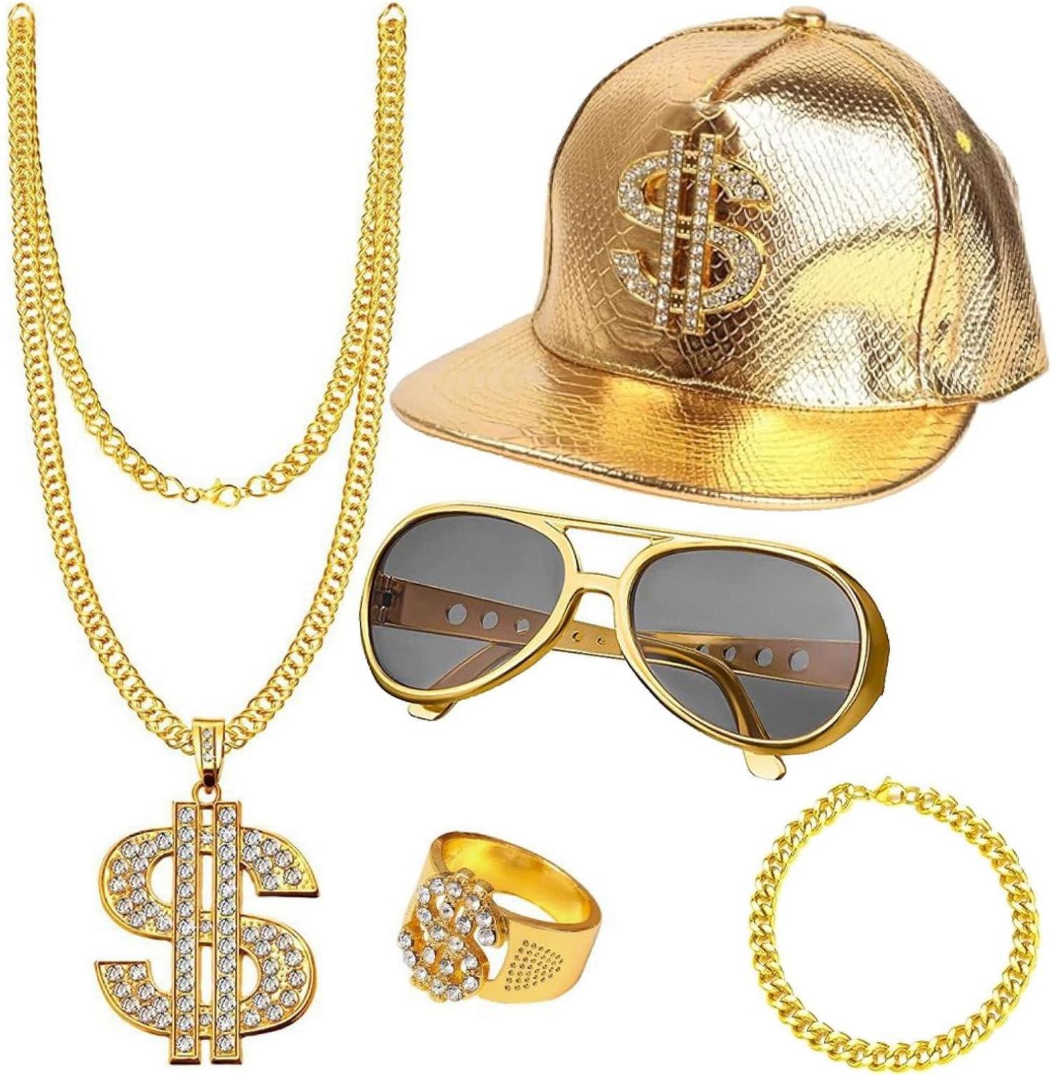5-teiliges Hip-Hop Rapper Kostüm Set Gold Karneval Zubehör