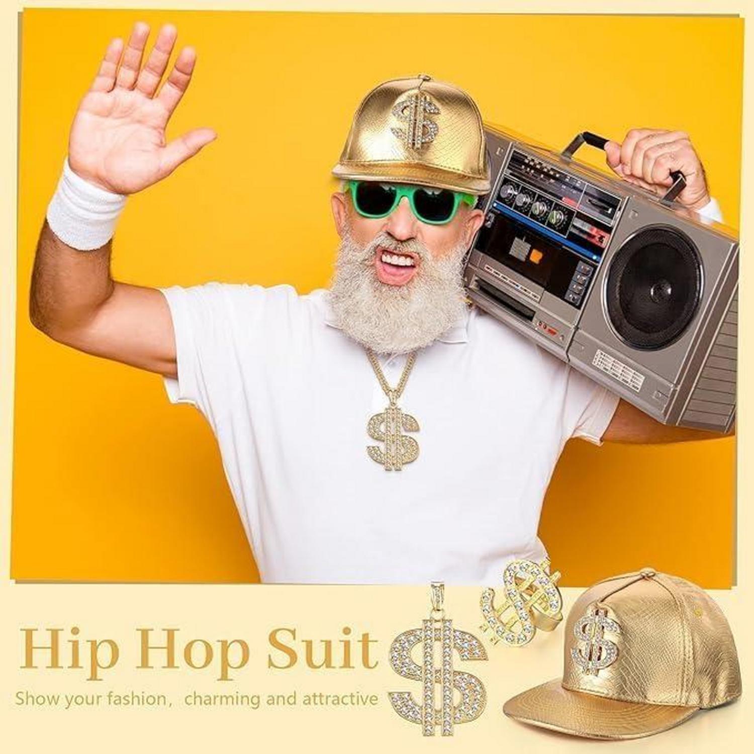 5er Hip Hop Kostüm Set Goldene Dollar Kette Brille Armband Rapper Zubehör