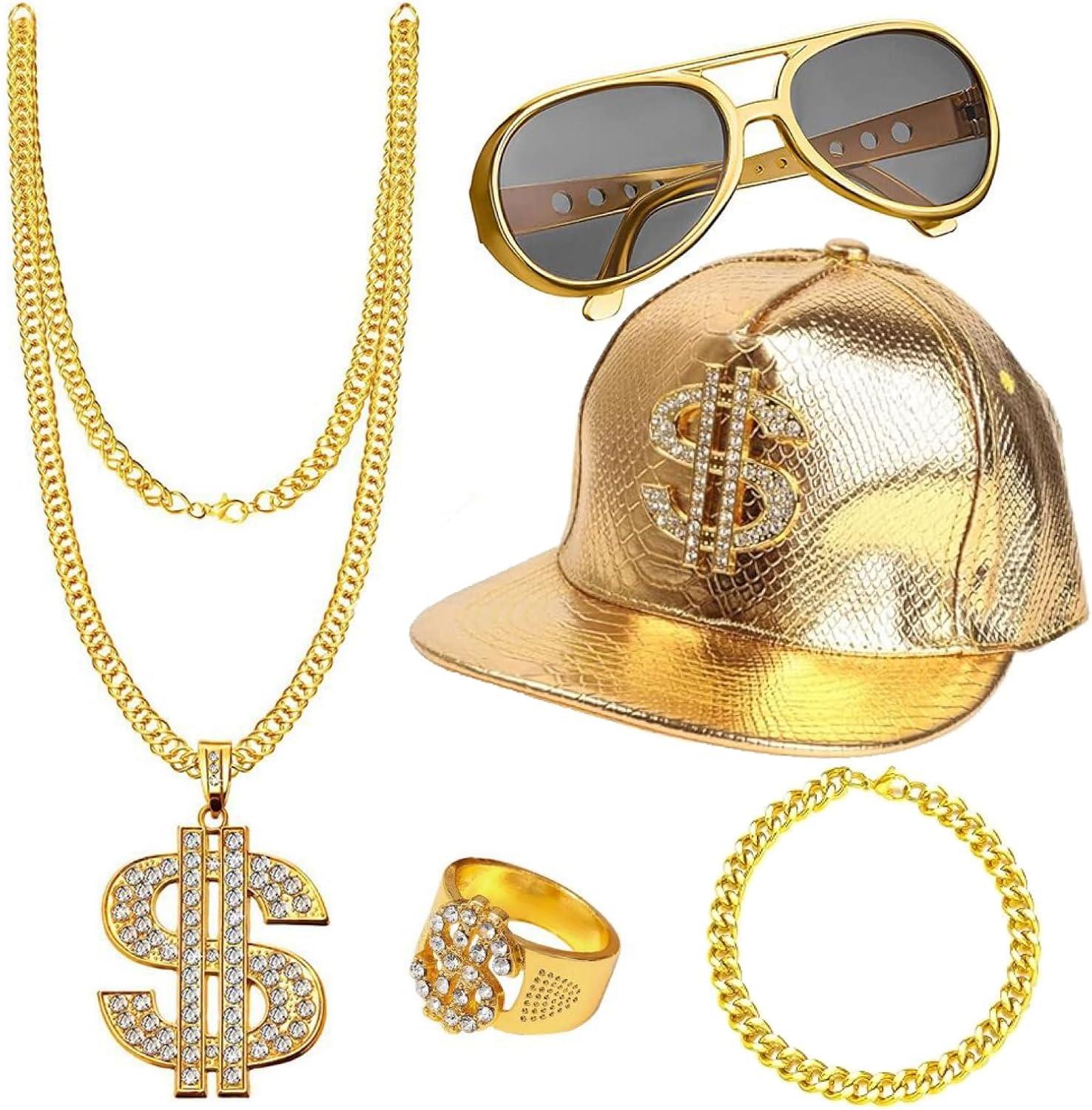 5-teiliges Hip Hop Kostümset Goldene Dollar Kette Brille Karneval Fasching