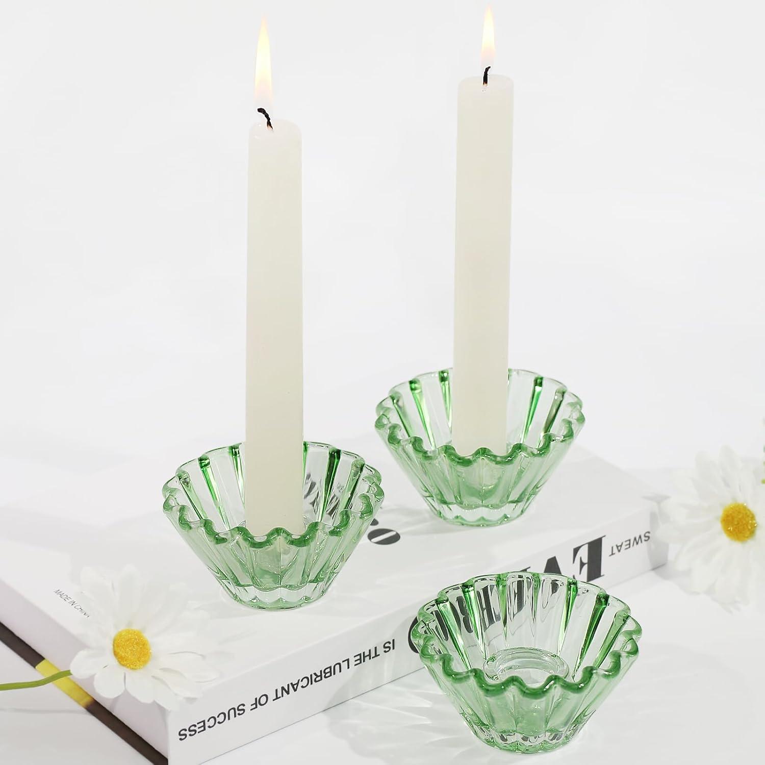 Kerzenhalter Glas 3er Set Stabkerzenhalter Grün Tischdeko