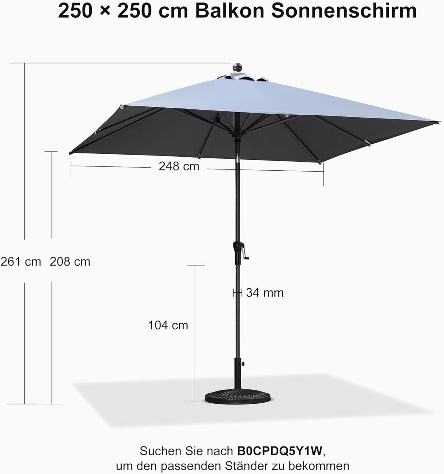 PURPLE LEAF Sonnenschirm 250x250cm Alu Balkonschirm knickbar Gartenschirm Kurbel