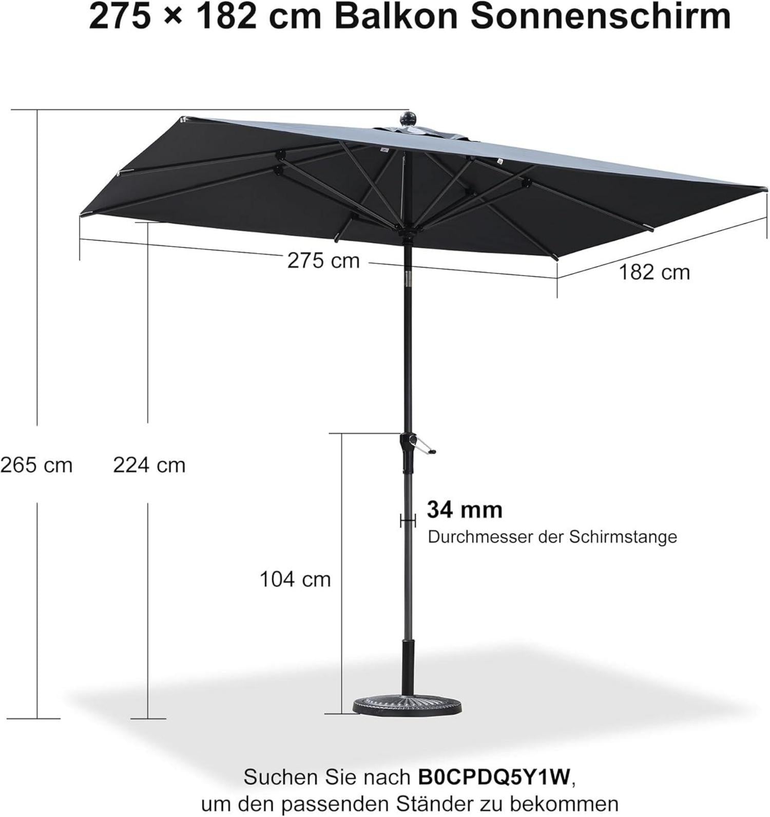PURPLE LEAF Aluminium Sonnenschirm 270x180cm rechteckig Grau UV-beständig