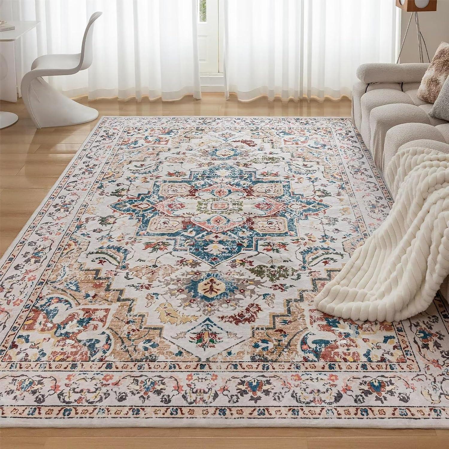 Waschbarer Vintage Teppich 120x170CM Beige - Rutschfest & Weich