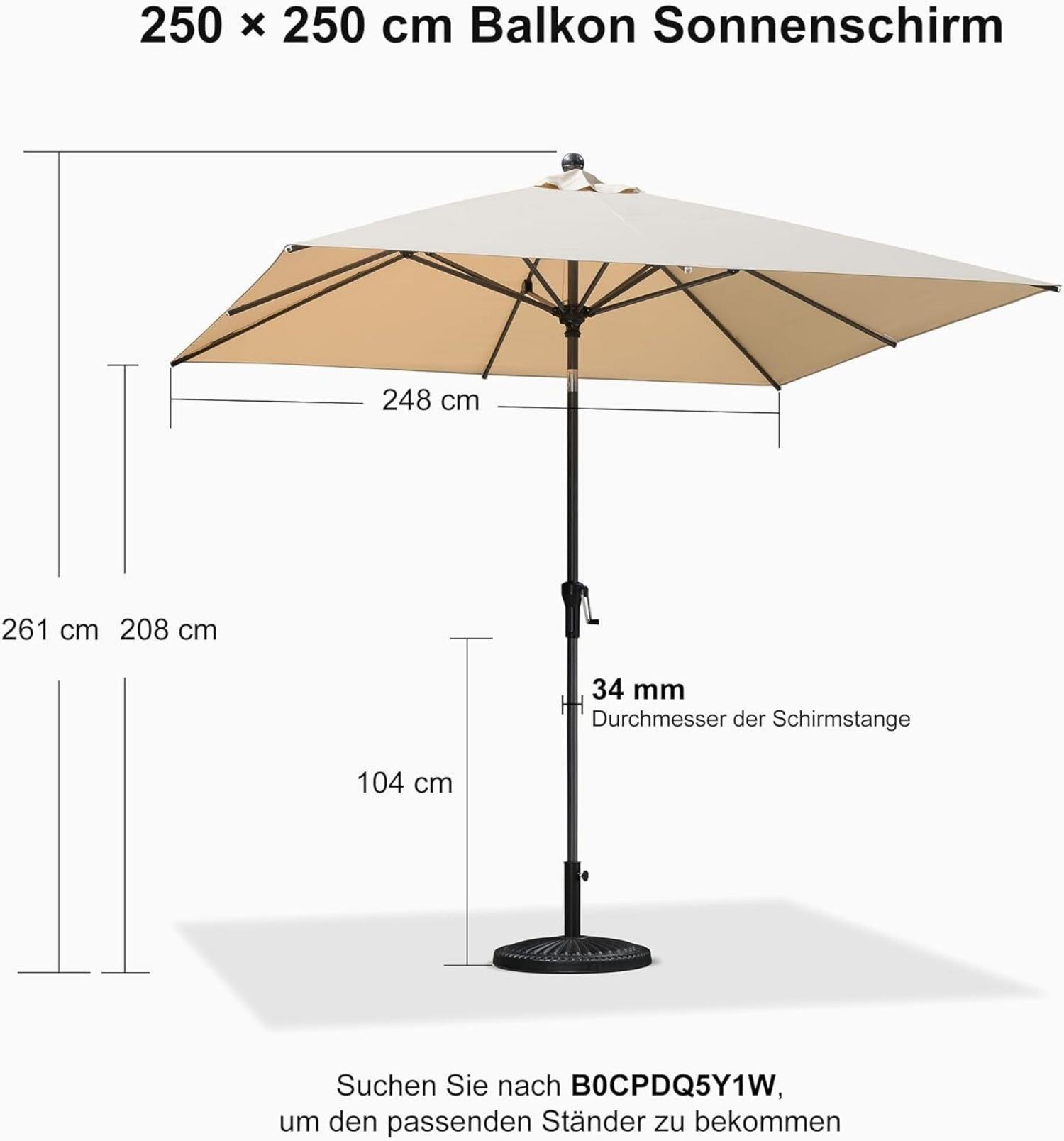 Sonnenschirm 250x250 cm Alu Balkonschirm knickbar Gartenschirm Kurbel Beige UV