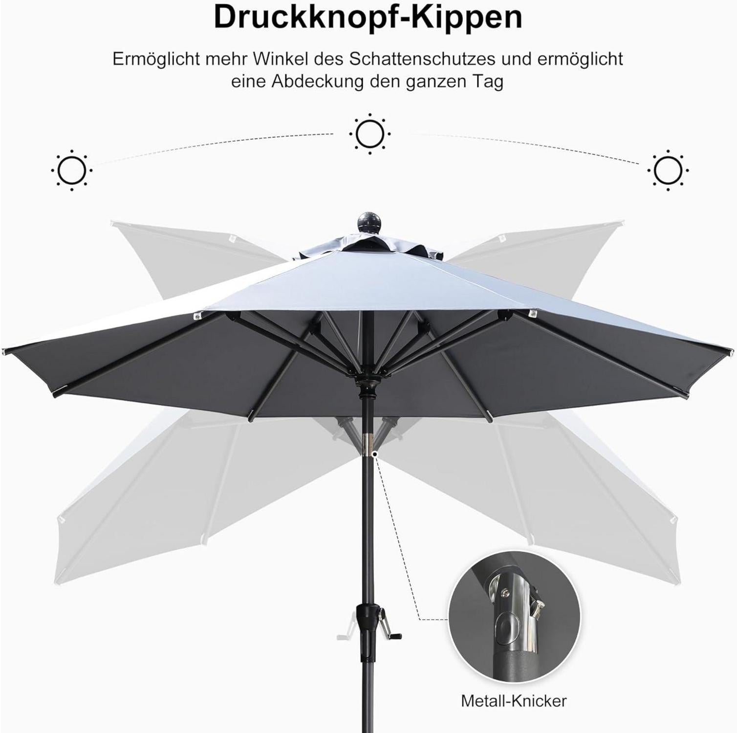 Sonnenschirm 245 cm Knickbar Kurbel Aluminiumgestell Hellgrau
