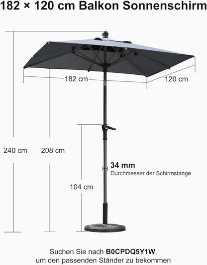 Rechteckiger Sonnenschirm 180x120 cm Kurbel neigbar UV-Schutz Aluminium Hellgrau
