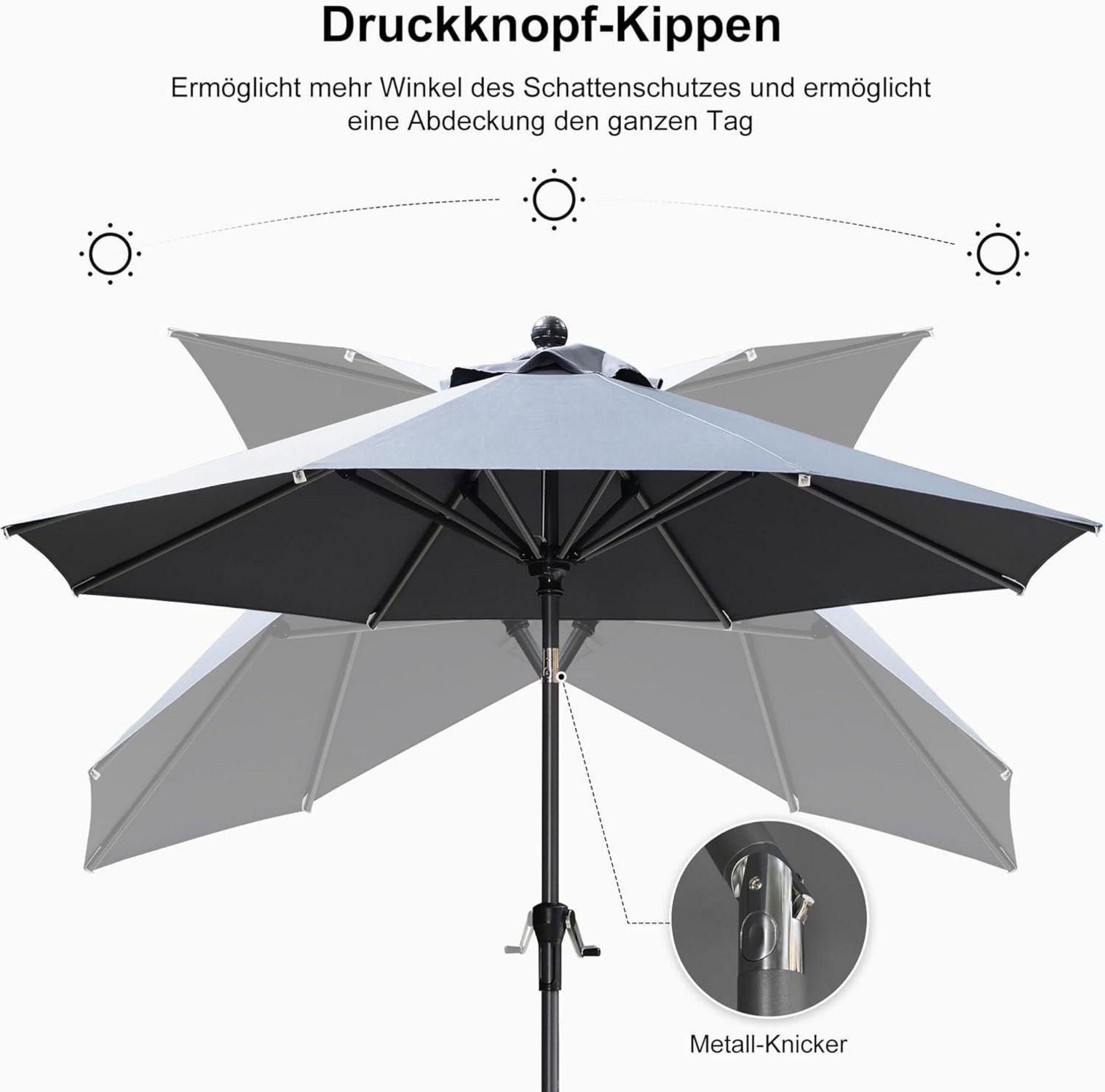 Sonnenschirm rund 245cm knickbar mit Kurbel, Aluminiumgestell Grau