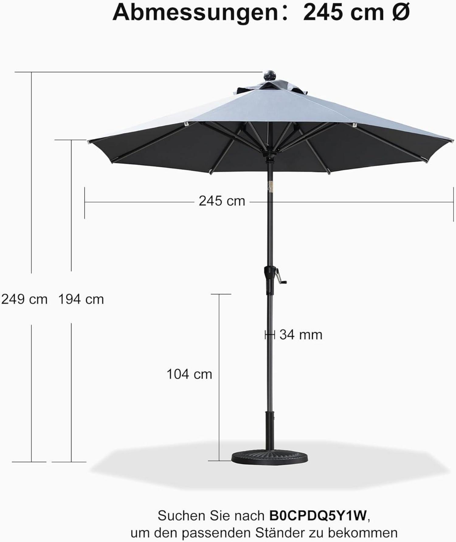 Sonnenschirm 245 cm Rund Knickbar Balkonschirm Kurbel Grau