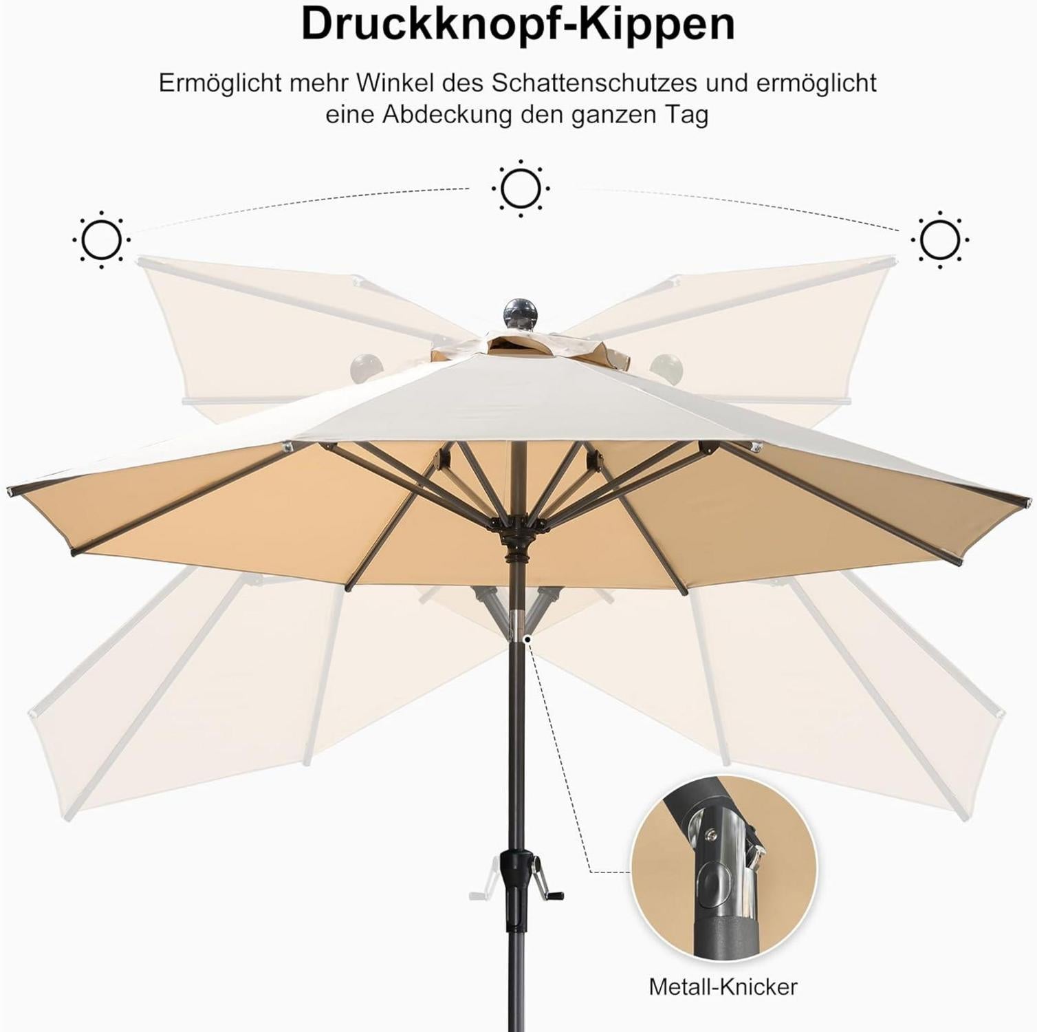 PURPLE LEAF Sonnenschirm 245 cm mit Kurbel, Knickbar, Aluminiumgestell Beige