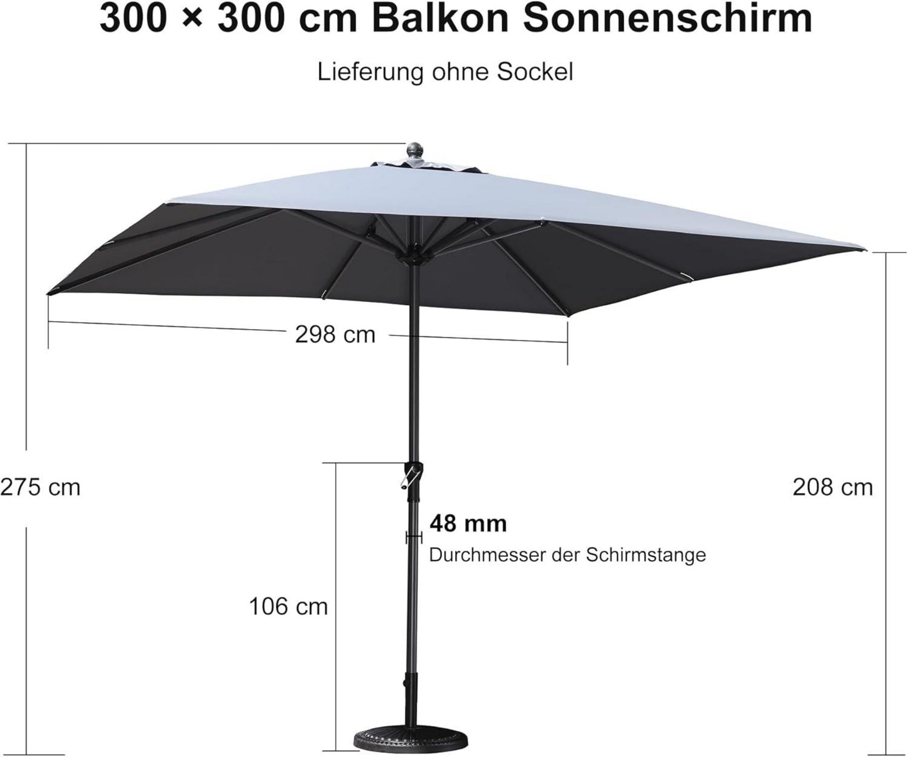 Aluminium Sonnenschirm 300x300 cm Kurbel Balkonschirm UV-beständig
