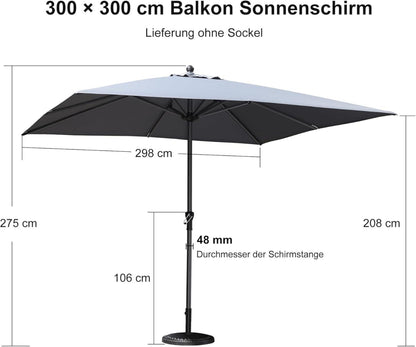 Aluminium Sonnenschirm 300x300 cm Kurbel Balkonschirm UV-beständig