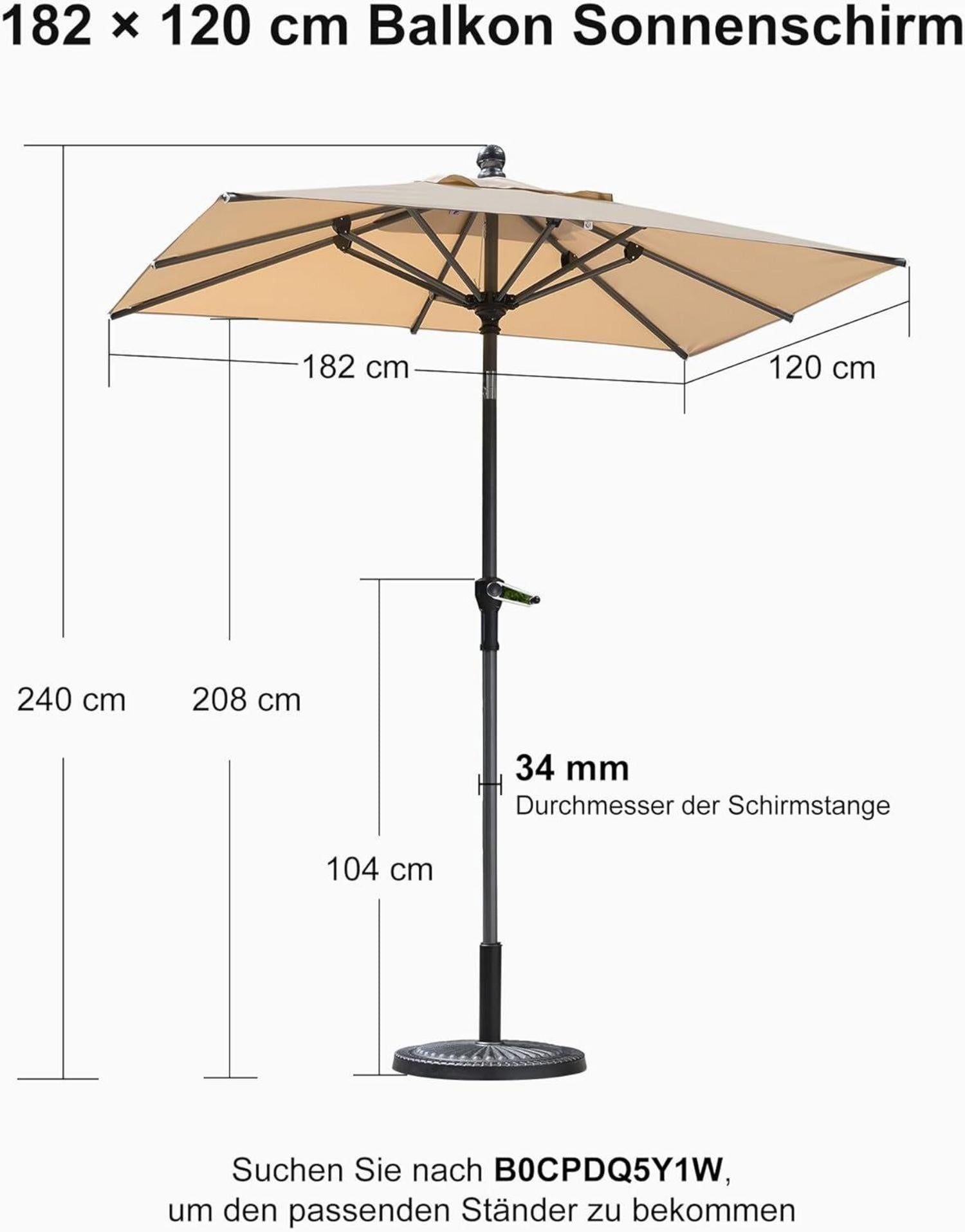 180x120cm Sonnenschirm mit Kurbel und Neigung, Rechteckiger Gartenschirm