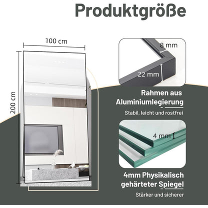 Standspiegel Schwarz 200x100cm | Ganzkörper Spiegel mit Metallrahmen