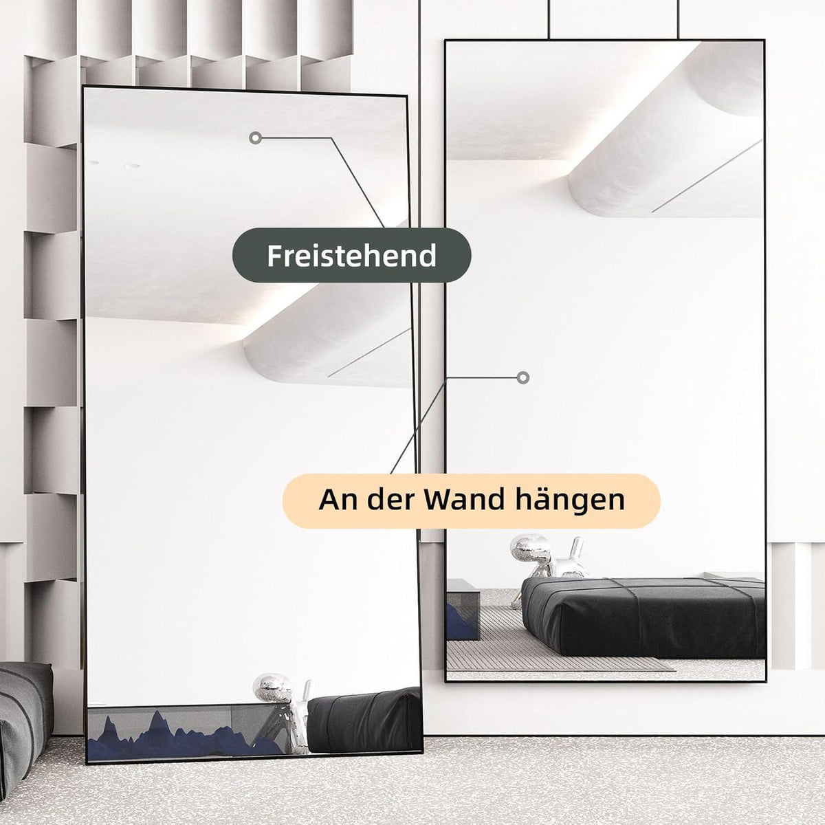 Standspiegel Schwarz 200x100cm | Ganzkörper Spiegel mit Metallrahmen