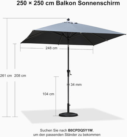 SONNENSCHIRM 250x250 cm Alu Balkonschirm knickbar mit Kurbel, UV-beständig Grau