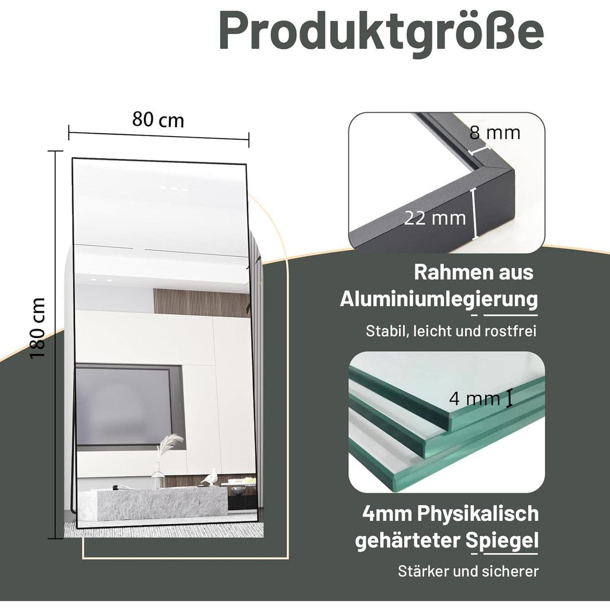 Standspiegel Schwarz 180x80cm | Ganzkörper Spiegel mit Metallrahmen