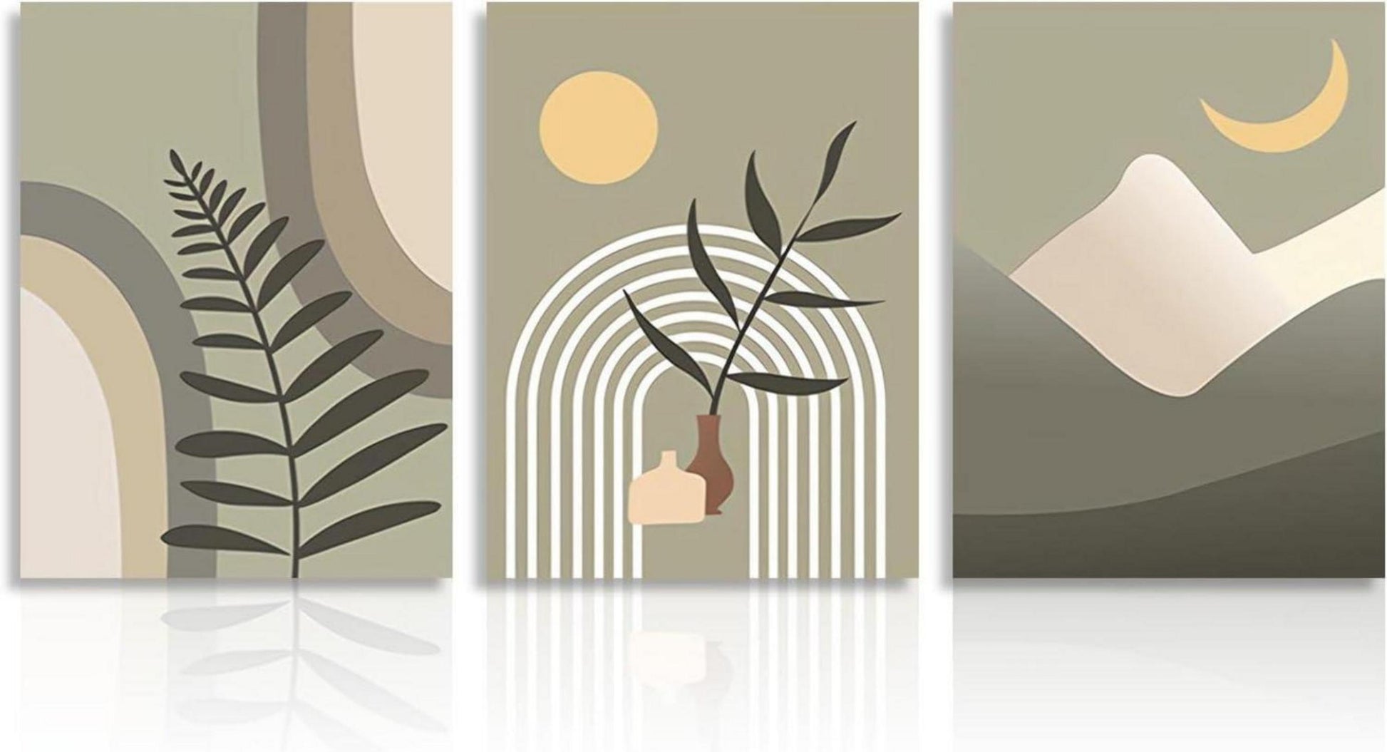 Abstrakte Boho Wandbilder Sonne Mond Grün 30x40 cm 3er Set