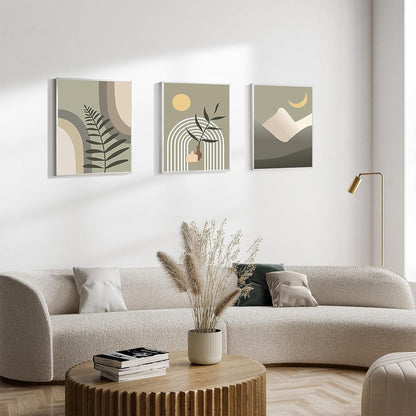 Abstrakte Boho Wandbilder Sonne Mond Grün 30x40 cm 3er Set