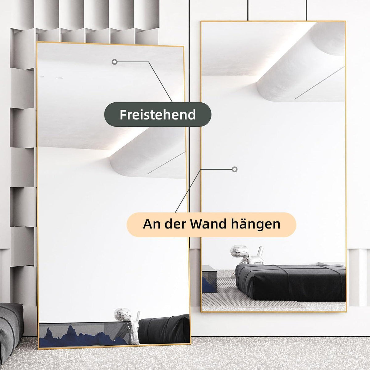 Ganzkörperspiegel Standspiegel Gold 200x100cm | Lehnbar & Wandmontage