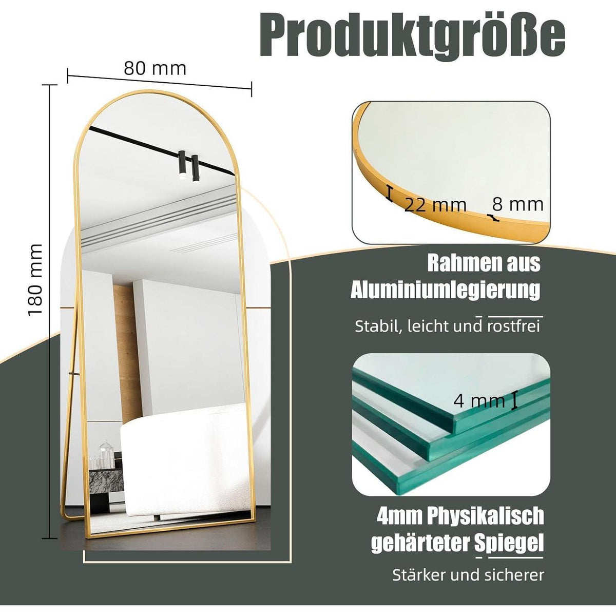 Ganzkörperspiegel Bogenförmig 180x80cm Gold | Stand- & Wandspiegel