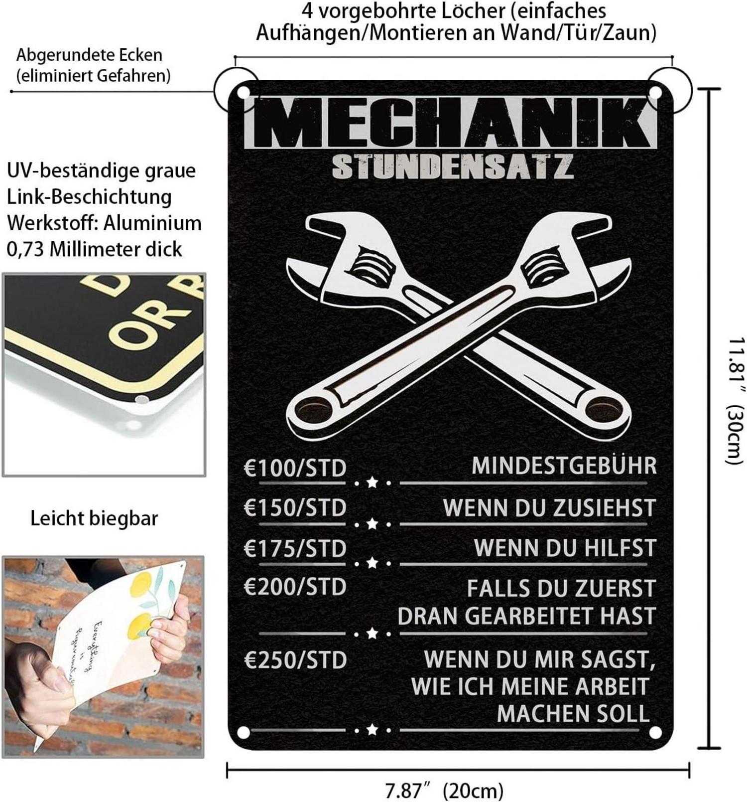 Mechaniker Stundensatz Metallschild 20x30 cm Wanddekoration