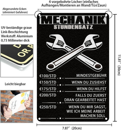 Mechaniker Stundensatz Metallschild 20x30 cm Wanddekoration