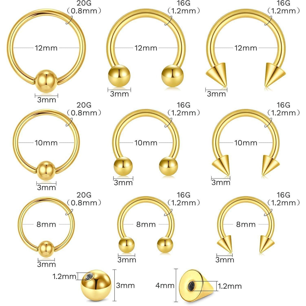 Piercing Set 99 Teile mit Nadeln & Schmuck, 14G-20G, Gold 8mm