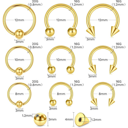 Piercing Set 99 Teile mit Nadeln & Schmuck, 14G-20G, Gold 8mm