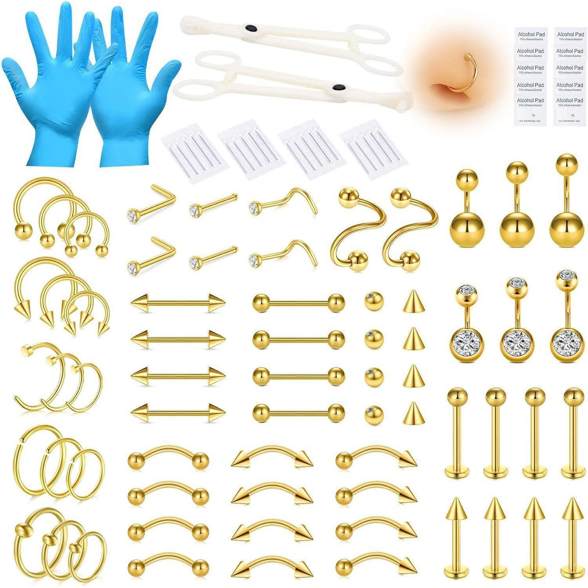 99tlg. Piercing Set mit Nadeln & Schmuck, 14G-20G, 316L Stahl, Gold 10mm